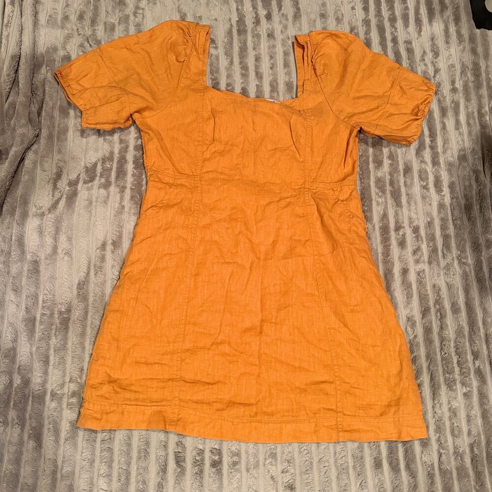 Madewell Maisie Square Neck Linen Mini Dress Orange Marigold Size 14 - Picture 2 of 7
